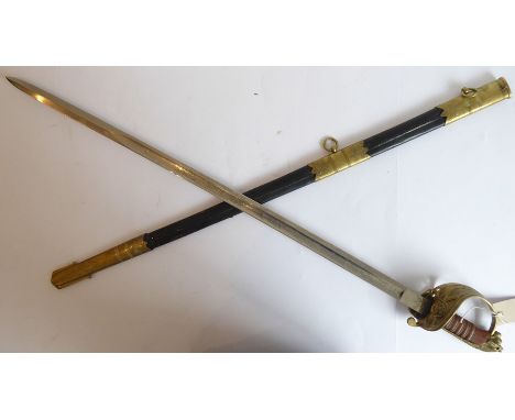 A reproduction brass naval sword and scabbard in&nbsp;19th century style; hinged folding hilt and&nbsp;lion's head terminal,&