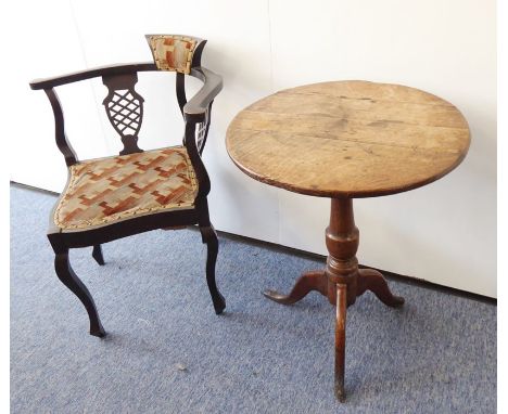 A circular-topped George III period oak occasional table with turned stem and tripod base (for restoration) together with an 