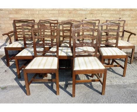 A harlequin set of 11 (9+2) late 18th century (reproduction) mahogany ladder-back chairs with drop-in seats and square sectio