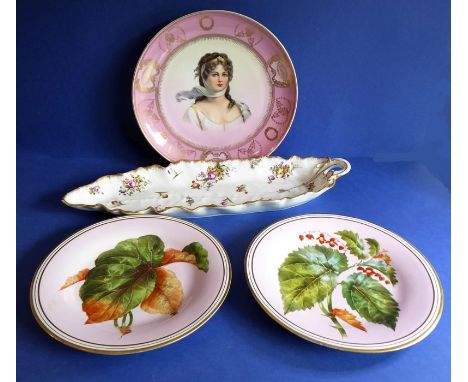 A late 19th century cabinet plate decorated with a beautiful young woman surrounded by a puce and gilded border, a pair of 19