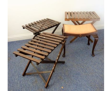 Three folding luggage racks together with an early 20th century concave-seated stool with cabriole legs (4)