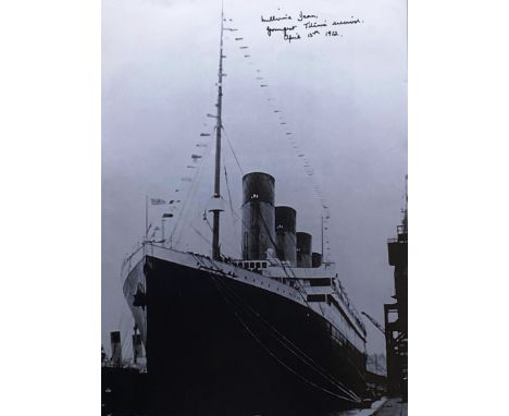 Millvina Dean (1912-2009) - Youngest Titanic Survivor - autographed 8x10" black and white photograph of RMS Titanic. Signed i