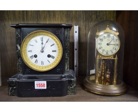 A late Victorian slate and marble mantel clock, 20cm high; together with a Kundo brass anniversary timepiece. 