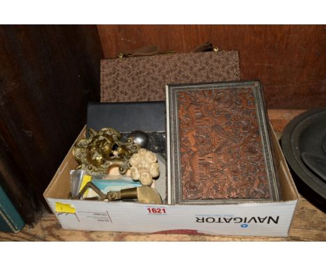 A mixed lot, to include a carved wood box; handbags, another wooden box; and a faux ivory netsuke, etc. 