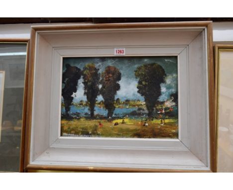 G....K..., 'The Serpentine, Hyde Park', indistinctly signed and dated 1973, labelled verso, oil on board, 24 x 34cm. .