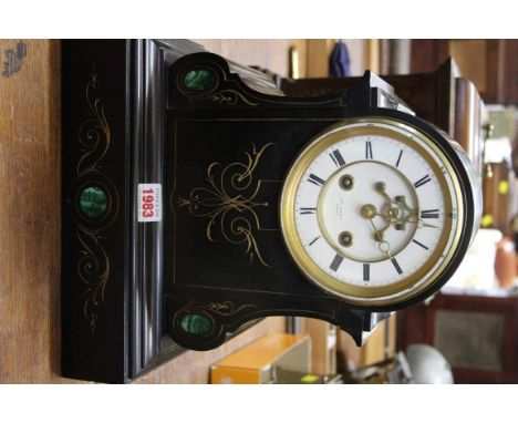 A late 19th century slate and malachite mantel clock, the enamel dial 'Hry Marc, Paris', 33cm high. 