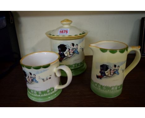 Three Carltonware golliwog items, comprising a biscuit barrel and cover, No.43/100; and a jug and mug, each inscribed 10/10 t