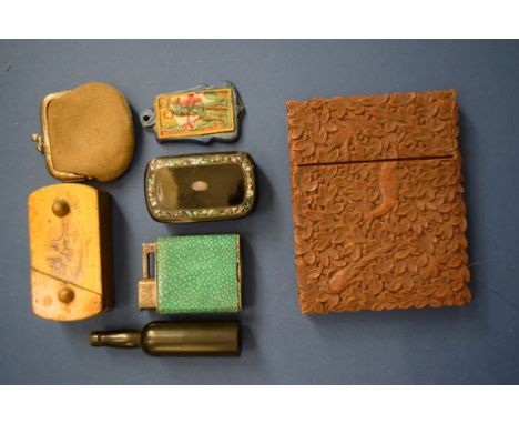 A mixed lot of works of art, to include: a carved sandalwood card case; an Everest lighter; a novelty bottle form pen, etc. 