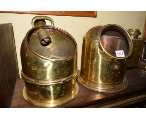 Two brass ship's compass binnacles; together with an anglepoise lamp.