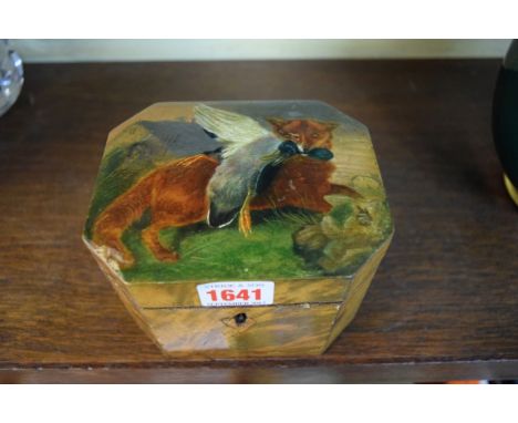A 19th century painted wood tea caddy, the hinged top painted with a fox and a mallard, the inner cover painted with two gun 