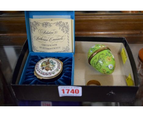 A Bilston & Battersea Enamels music box, boxed; together with another enamel 1973 easter egg. 
