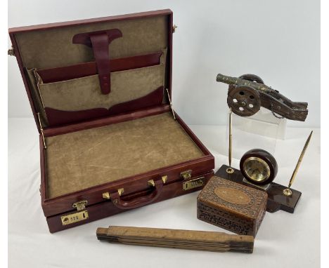 A collection of assorted misc wood items together with a vintage cognac leather briefcase. Lot includes a carved box with bra