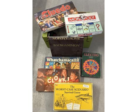 A box of assorted vintage &amp; modern boxed board games. To include: Whatchamacallit, Spear's Monkey Race, Clonk!, Electro, 