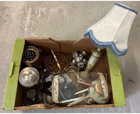 A box of assorted vintage wooden, metal and glass items. To include table ware and vanity items. 