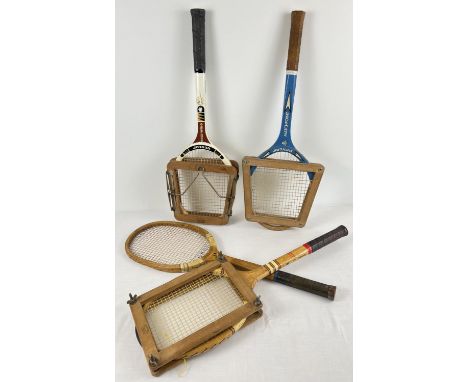 4 vintage wooden framed tennis rackets, 3 with press frames. Comprising: Dunlop - Gold Wing, Matchpoint &amp; Red Flash and S