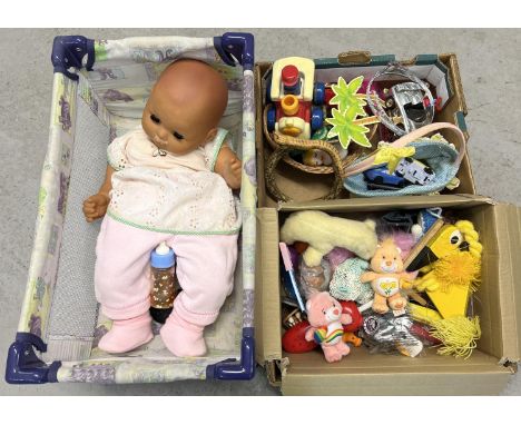 A quantity of assorted misc vintage toys to include life size doll &amp; cot, Tomy Push'n go and Macdonalds toys. 