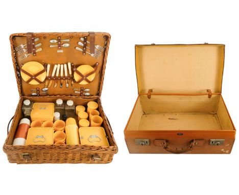 A vintage wicker picnic hamper by Fortnum &amp; Mason - for six place settings with yellow Bandalasta crockery, sandwich boxe