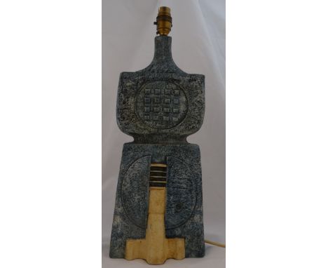 A Troika double bass lamp - decorated with a stylised face to the front and abstract designs to the reverse, in shades of blu