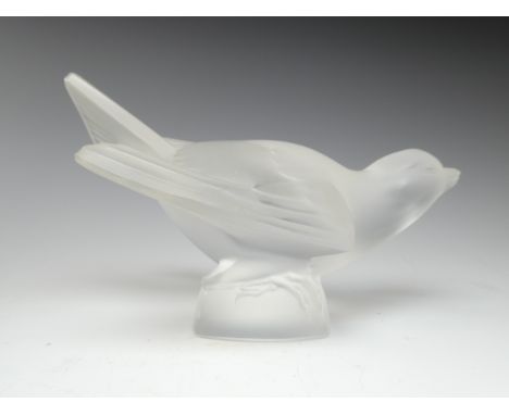 A late 20th century Lalique satin crystal bird - in a swooping pose, etched Lalique mark to base, 8cm high.