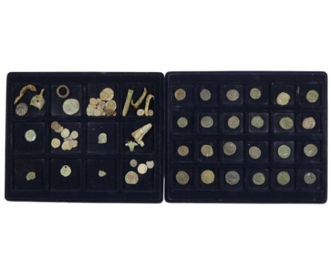 A quantity of bronze Roman coins - together with other bronze rings and fittings.