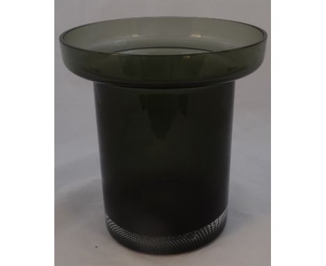 Goran WARFF for Kosta Boda glass tulip vase - smokey grey, of cylindrical form with a braod rim, 20cm high, boxed