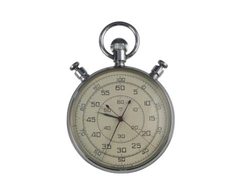 A 20th century Russian stopwatch - with a chrome case, the dial set out with three timing rings and three hands, 7cm diameter