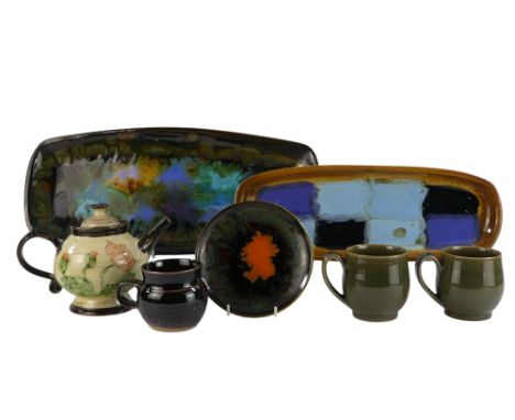 Eric LEAPER (1921-2002) for Newlyn Pottery - a rectangular platter, multiple dribbled, colour glazes and incised marks to und