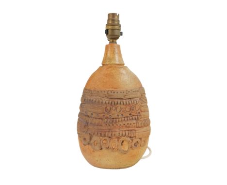 Bernard ROOKE (British b.1936) pottery table lamp - of flattened vase form with geometric decoration, impressed mark to base,