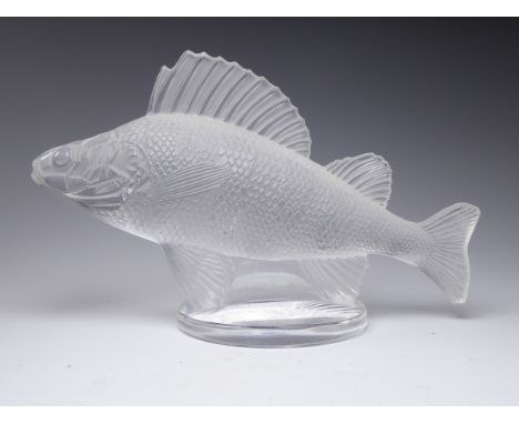 A late 20th century Lalique crystal perch - raised on a circular base with etched Lalique mark, 16cm wide.