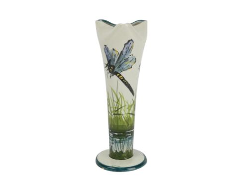 A Griselda Hill Pottery Wemyss ware 'Dragonfly' patterned vase - of trumpet form with a folded rim, 20cm high.
