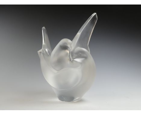 A late 20th century Lalique vase - 'Sylvie' modelled as two entwined doves, with a removable glass flower frog to the centre,