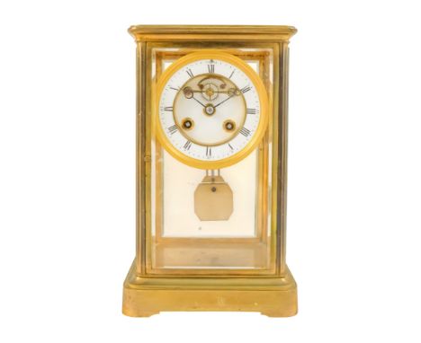A late 19th century lacquered brass four-glass mantel clock - Roblin &amp; Fils Frere a Paris, the circular white enamel chap