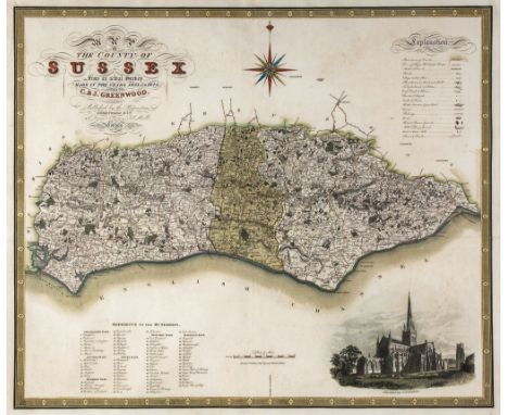 Greenwood (C. & J.) - Map of the County of Sussex, inset view of Chichester Cathedral lower right, large compass rose at uppe