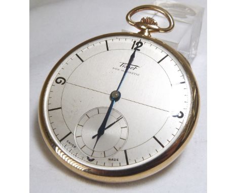 9CT GOLD SLIMLINE TISSOT POCKET WATCH. Gents 9ct gold slimline Tissot Swiss made pocket watch in leather case 