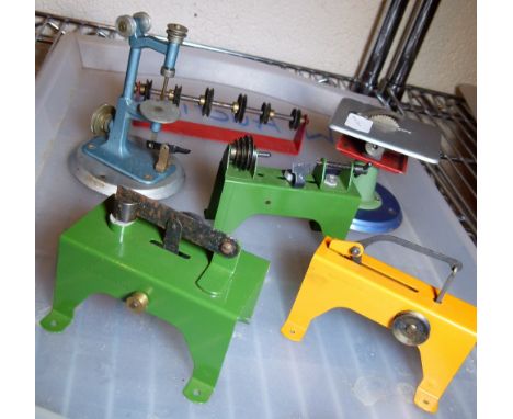MINIATURE WORKSHOP MODELS. Metal miniature workshop models including; line shaft, pillar drill, circular saw, all powered by 