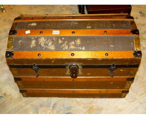 METAL TRUNK. Metal bound domed travel trunk