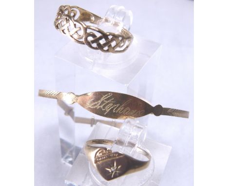 MIXED 9ct GOLD. Mixed gold including a 9 ct gold baby heart shaped stone set signet ring, 9 ct gold Celtic band ring and a 9 