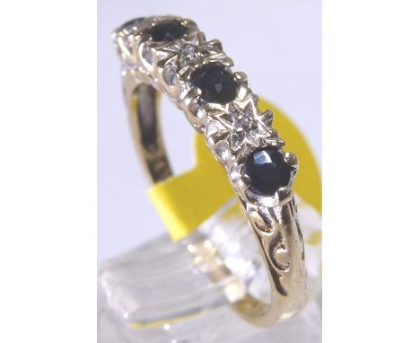 HALF ETERNITY RING. 9 ct gold sapphire and diamond half eternity ring, size K