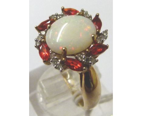 OPAL AND DIAMOND RING. 9ct gold Opal and Diamond ring size Q 