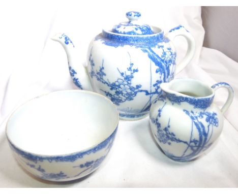 COUPLES TEA SERVICE. Antique Oriental prunus blue and white pattern couples tea pot, sugar and creamer