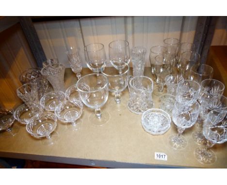 MIXED GLASSWARE. Shelf of mixed glassware including some crystal