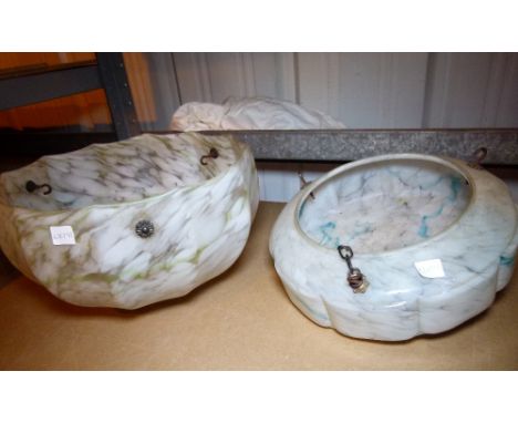 MARBLED GLASS SHADES. Two large marbled glass vintage light bowl shades W: 33 cm & 30 cm 