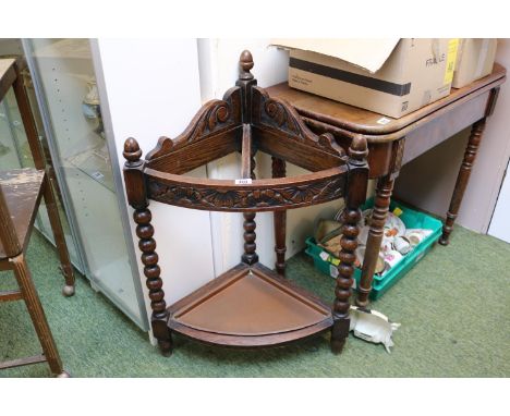 Oak 1920s carved corner umbrella stand and bobbin turned supports 