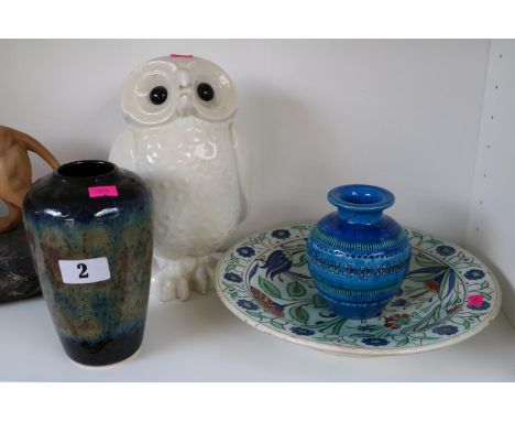 West German vase, Bitosi Flavia of Italy blue vase with impressed mark, Cantagalli bowl and Italian model of an Owl 