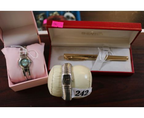 Boxed Sheaffer Gold Plated Fountain Pen, Links Watch with expanding Bracelet and a QBos Ladies Watch 