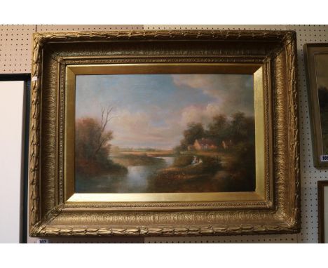 Large Gilded Heavily framed Oil on canvas of a countryside river scene monogrammed L R 