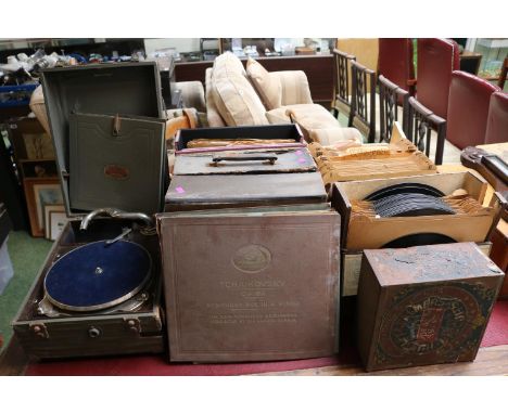 Collection of assorted Records and a Meritone portable record player 