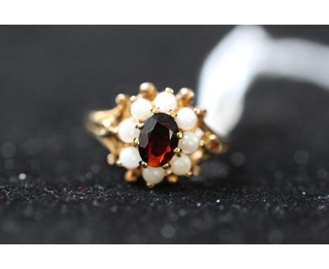 Ladies Almandine Garnet and Pearl set cluster ring Size K 2.8g total weight 