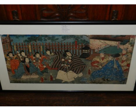 Toyokuni III (Japan, 1786-1864), a Kabuki play 'Kanjin-Cho' performed by Benkei, woodblock print, H.34cm W.71.5cm, together w