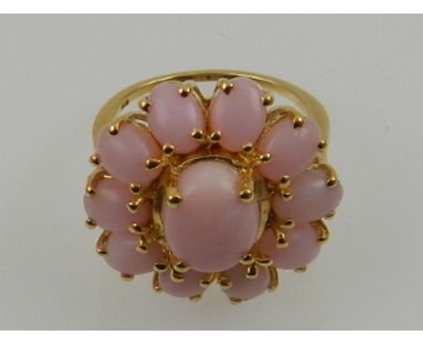 A Peruvian pink opal and silver gilt floral cluster cocktail ring. 